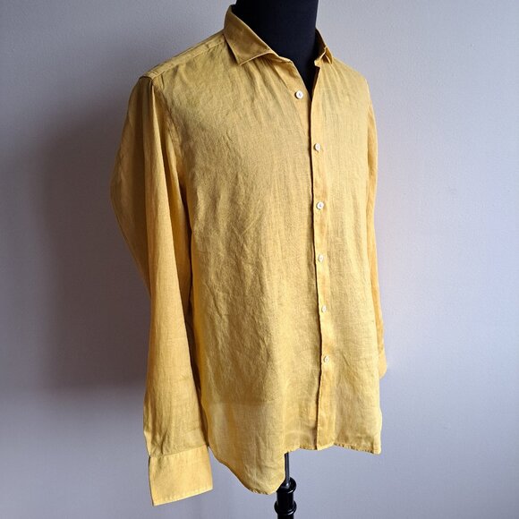 NEW Tintoria Mattei Button down 100% Linen Yellow Dress Shirt Size 43 - Picture 1 of 15
